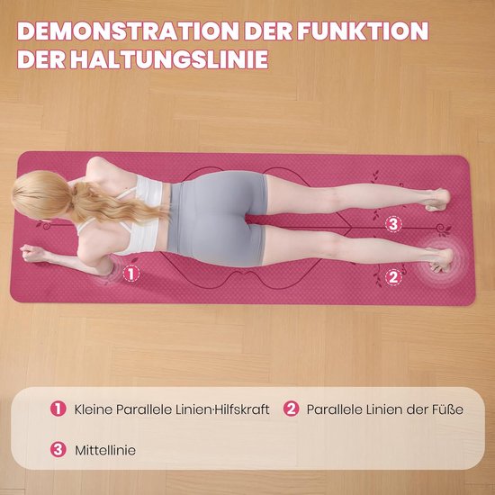 Yogamat - Sportmat Pilates - Thuis Fitness - Oriëntatielijnen Systeem - 183 x 61 cm - Roze van Yogamat — afbeelding 5