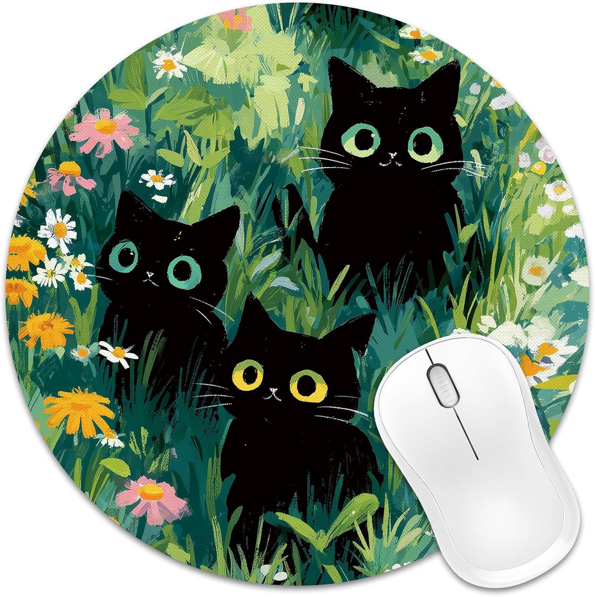 Kat muismat 20 x 20 cm, schattige grappige kat decoratie ronde muismat met antislip rubberen basis voor computer laptop bureau, zwarte katten