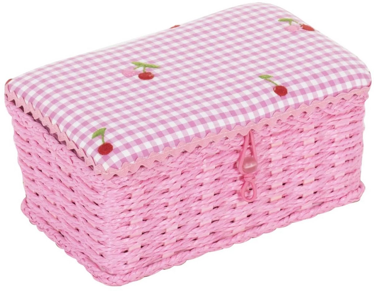Hobby Gift Naaimand (S): Rieten mand: Geborduurde kersen: 12 x 19,5 x 9,5 cm