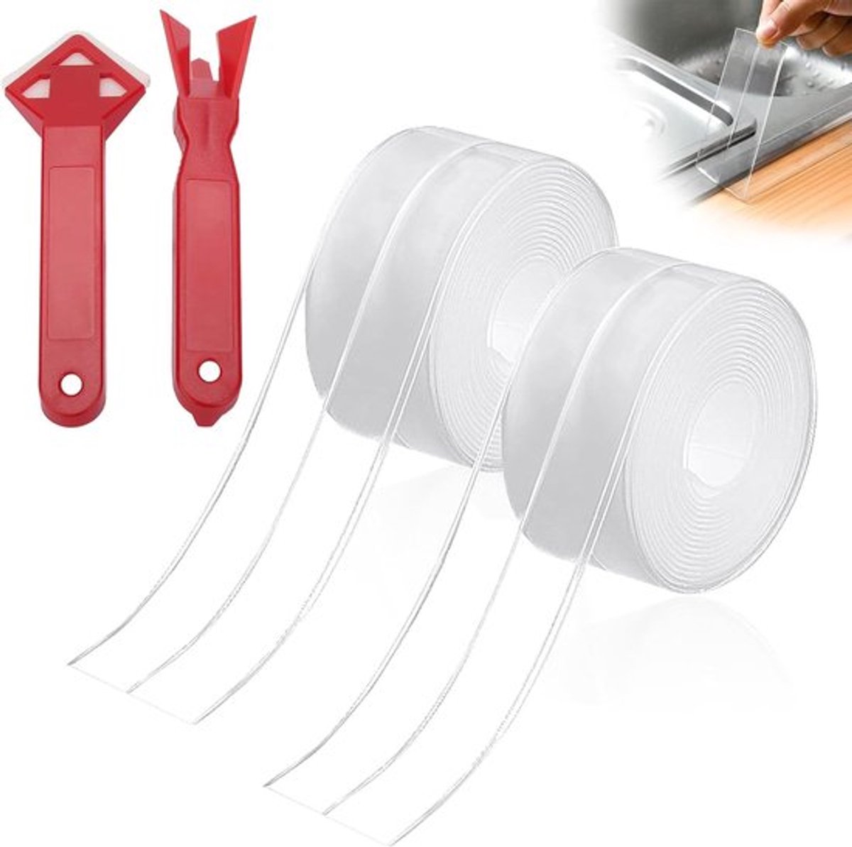 Zelfklevende afdichtingstape – 2 rollen waterbestendige kleefband met 2 kitgereedschappen - Transparante afdichtingstape voor keuken, badkamer en vloer
