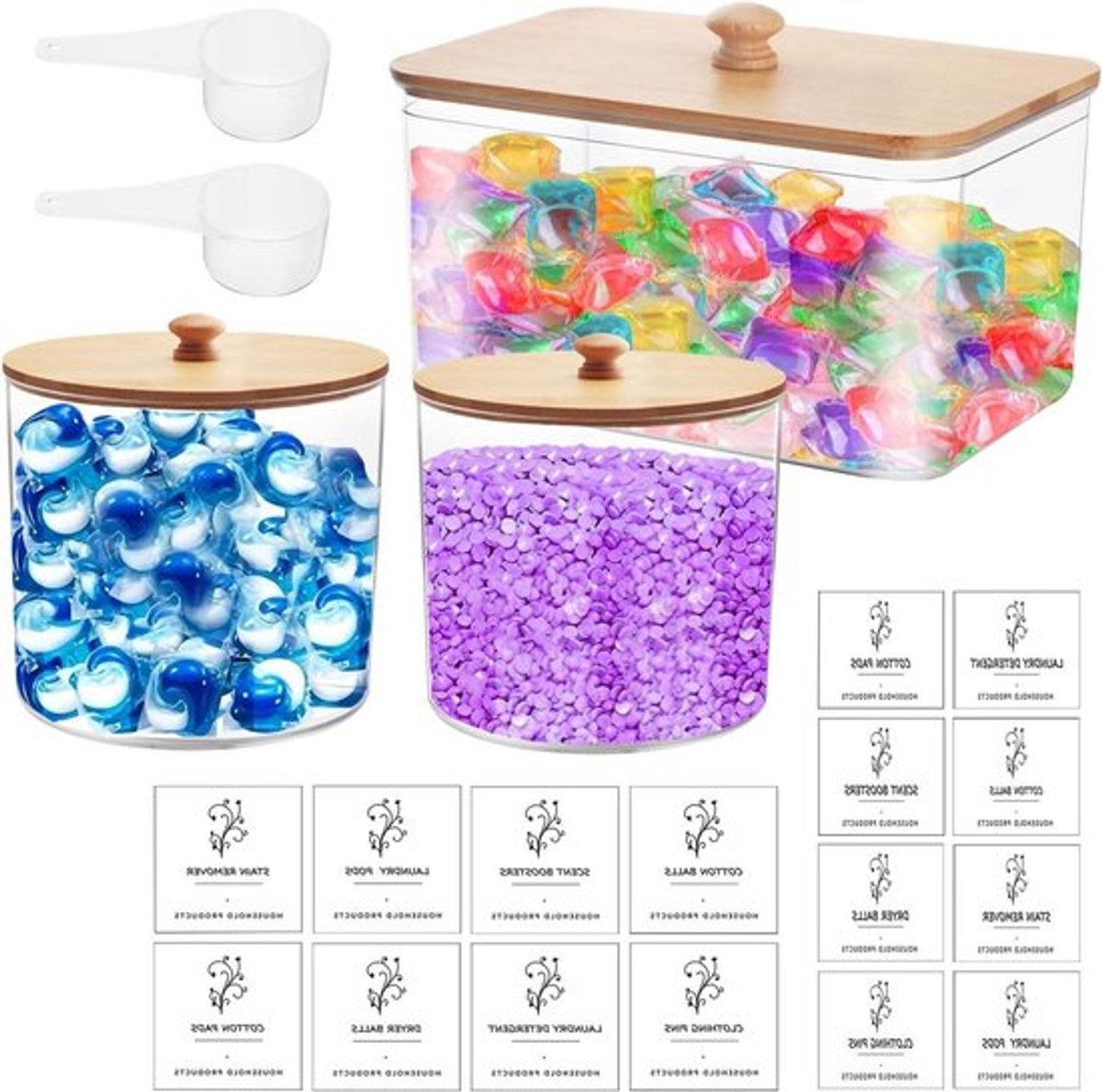 Waspoedercontainers - Set van 3 stuks voor luchtdichte opslag, inclusief deksels, stickers en schepjes - Ideaal voor wasmiddel, waspads en badbommen