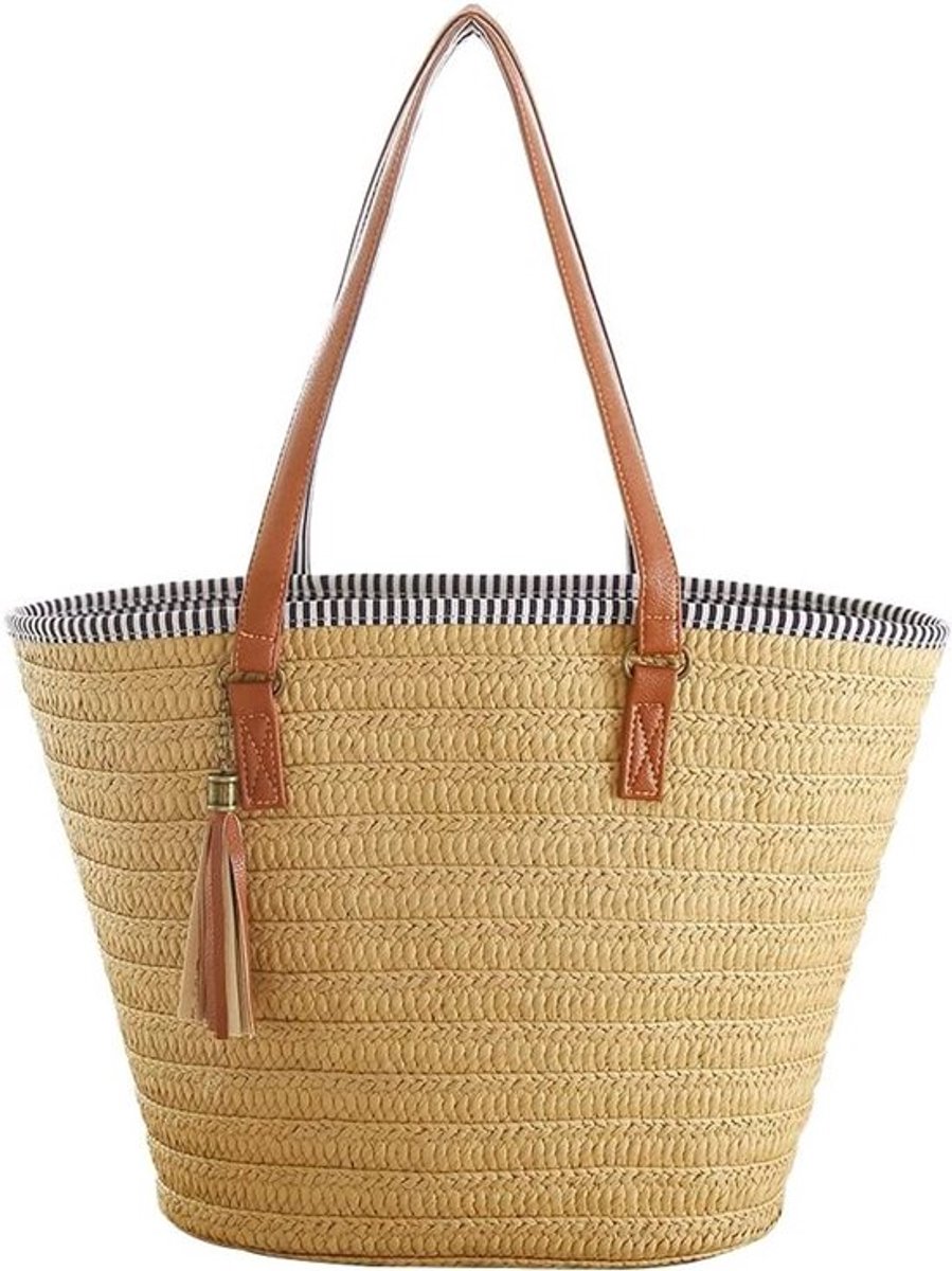 Zomerse Stro Handtas voor Dames met Leren Handvatten, Tassel en Schouderriem - Perfect voor Strand, Winkelen en Reizen (Bruin)