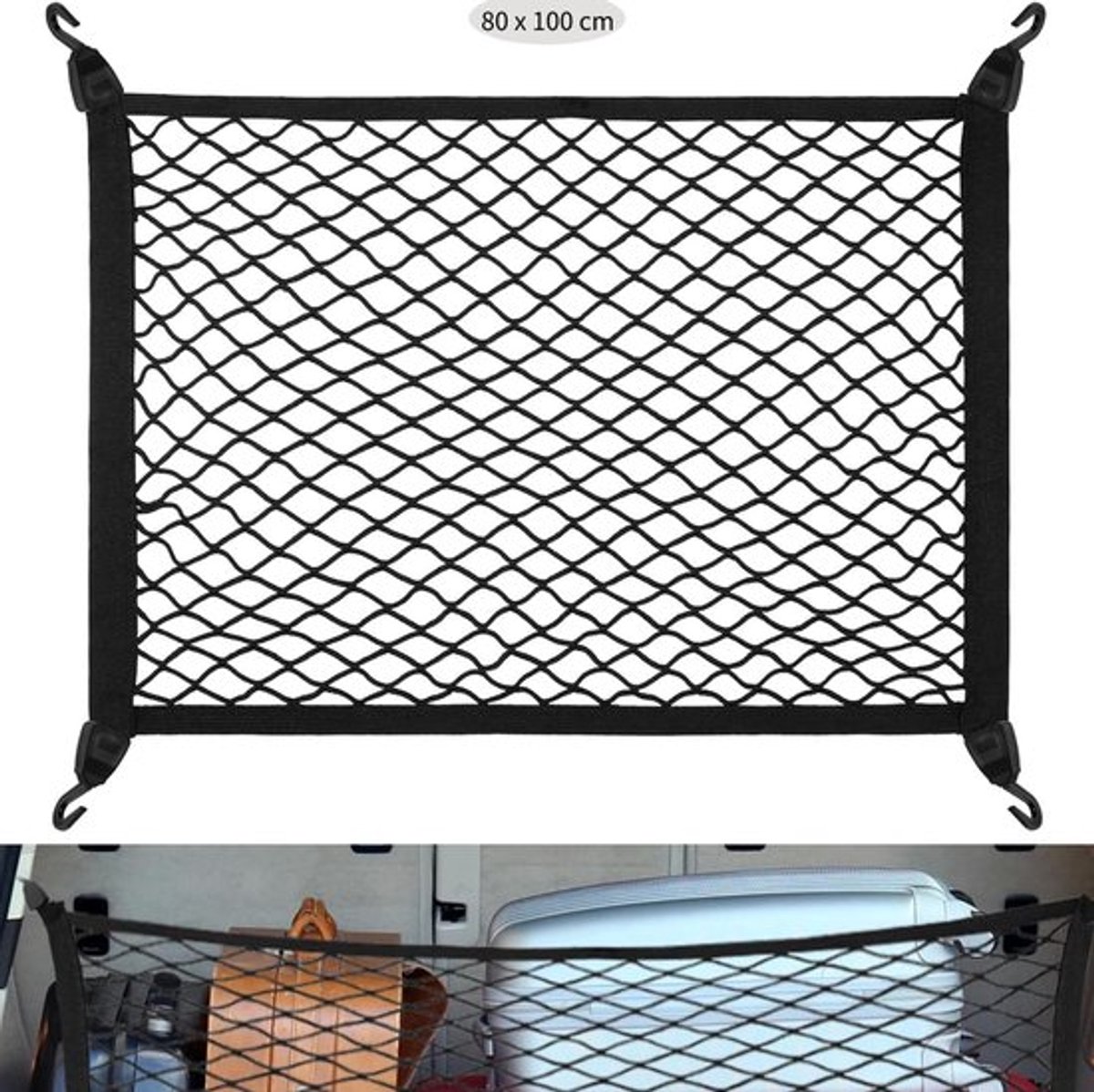 Bagagenet Universeel - Elastisch Net - 100 x 80 cm - Uitbreidbaar tot 200 x 160 cm - Geschikt voor Auto's/SUV's - Sterke Elasticiteit - Opbergnet