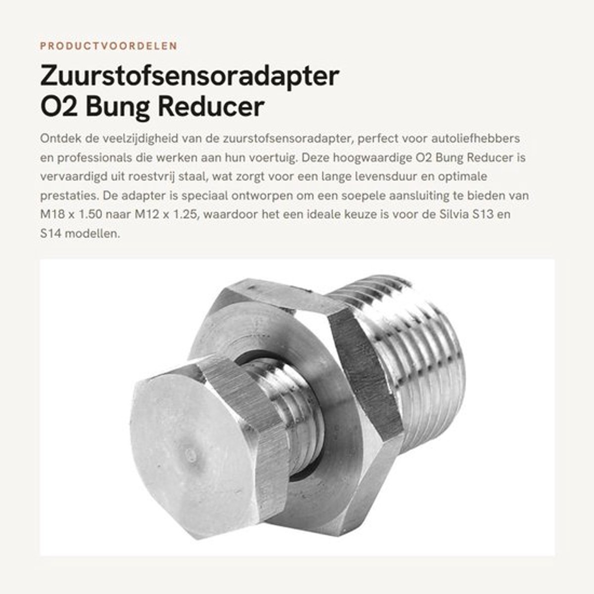 Zuurstofsensoradapter - O2 Bung Reducer - Roestvrij staal - Geschikt voor Silvia S13 S14 - Hoogwaardig - M18 x 1.50 naar M12 x 1.25