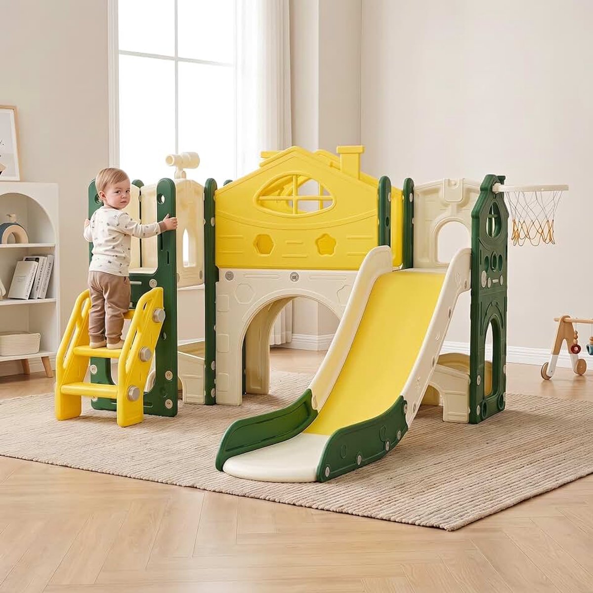 7 in 1 Kinderglijbaan met klimladder,binnen buiten kinderspeelplaats | Kleinkinderrutsche mit Basketballkorb, Klettergerüst, Teleskop, Tunnel, Plattformgang, Aufbewahrungskorb, Kinder Spielplatz