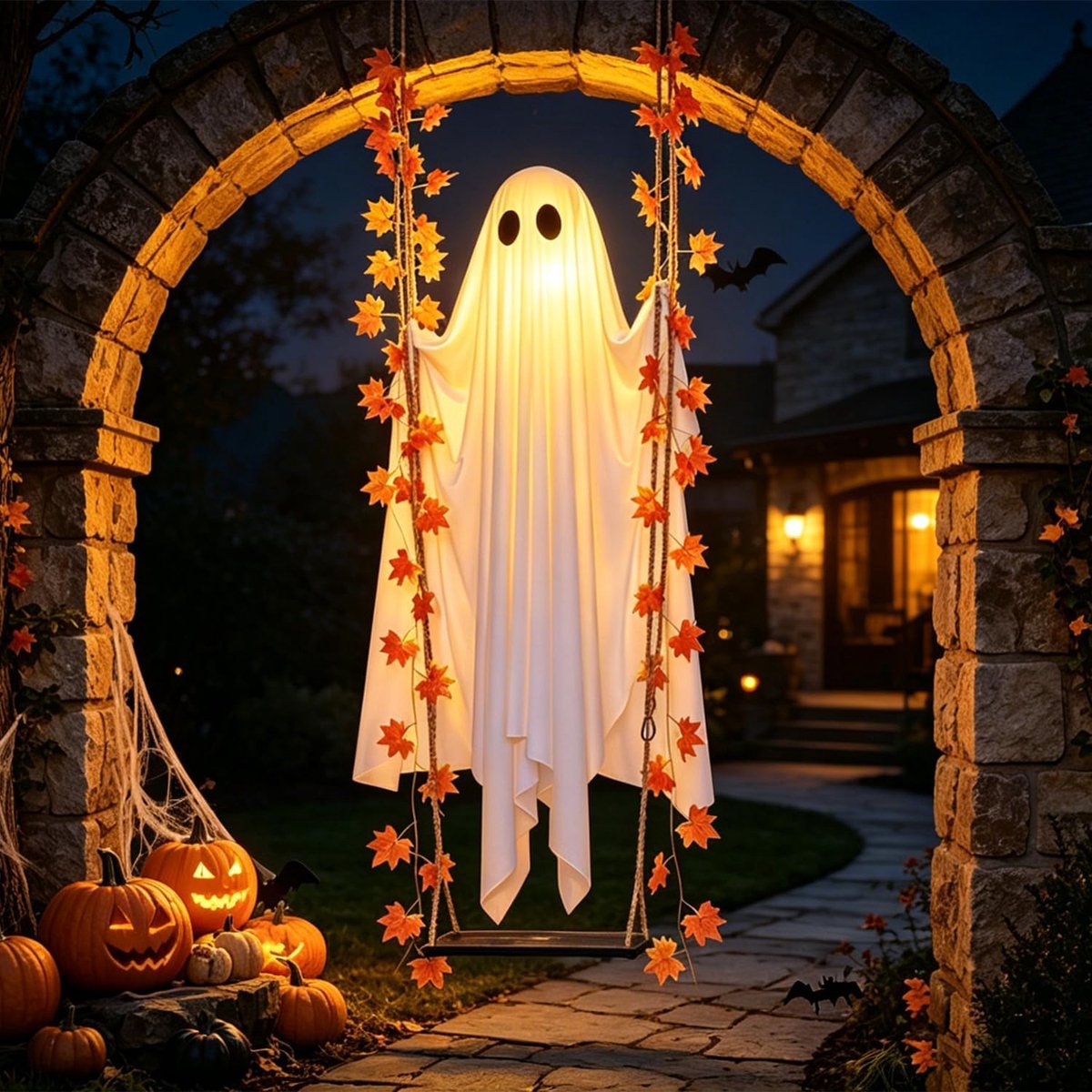 Ryoudavell - Hangende Halloween Spook Decoratie met Schommel & LED - 134 cm Groot Buiten Spook met Herfstbladeren - Voor Tuin, Veranda & Boom