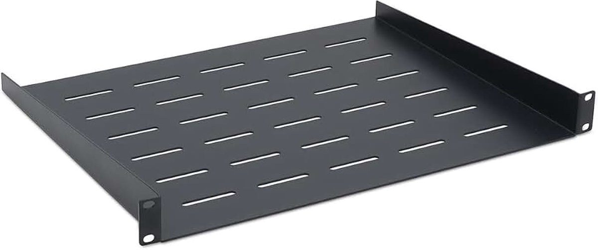 37466 rek met opbergdoos, 19 inch, 1U, diepte 350 mm, bevestiging voor, vaste montage, zwart