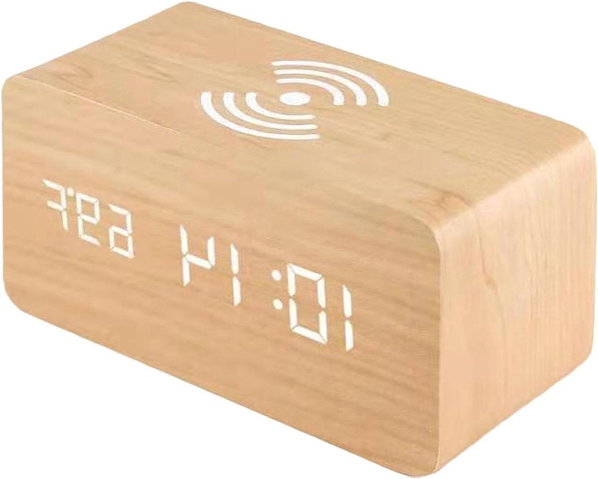 Digitale Wekker - Houten Klok Elektrische Klok - Nachtkastje Gebruik - Draadloos Opladen - 9x9 cm - Geel