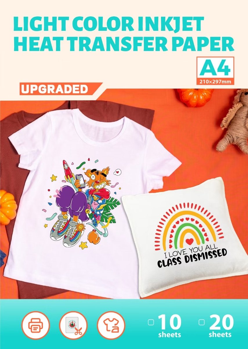 20 Vellen A4 Transferpapier - Voor Inkjetprinters - Voor Lichte Stoffen - Voor T-Shirts en Tassen - Geüpgraded