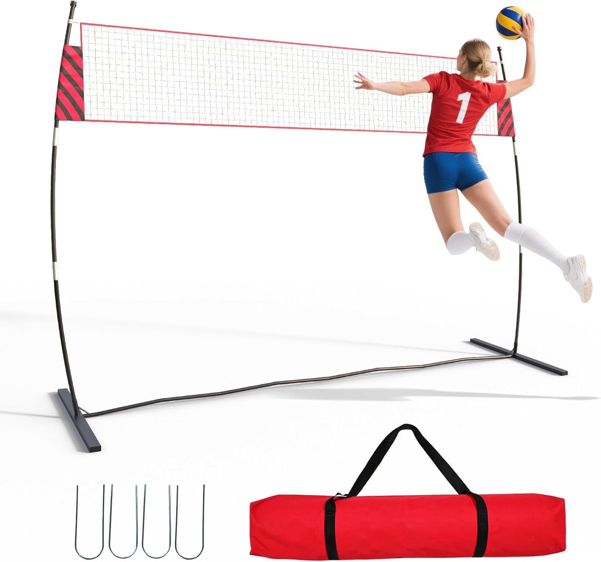 Danky Volleybalnet 365 x 243 x 80 cm, vrijstaand trainingsnet van ijzer, glasvezel en PE, complete set voor binnen en buiten, eenvoudig te monteren en draagbaar voor training.