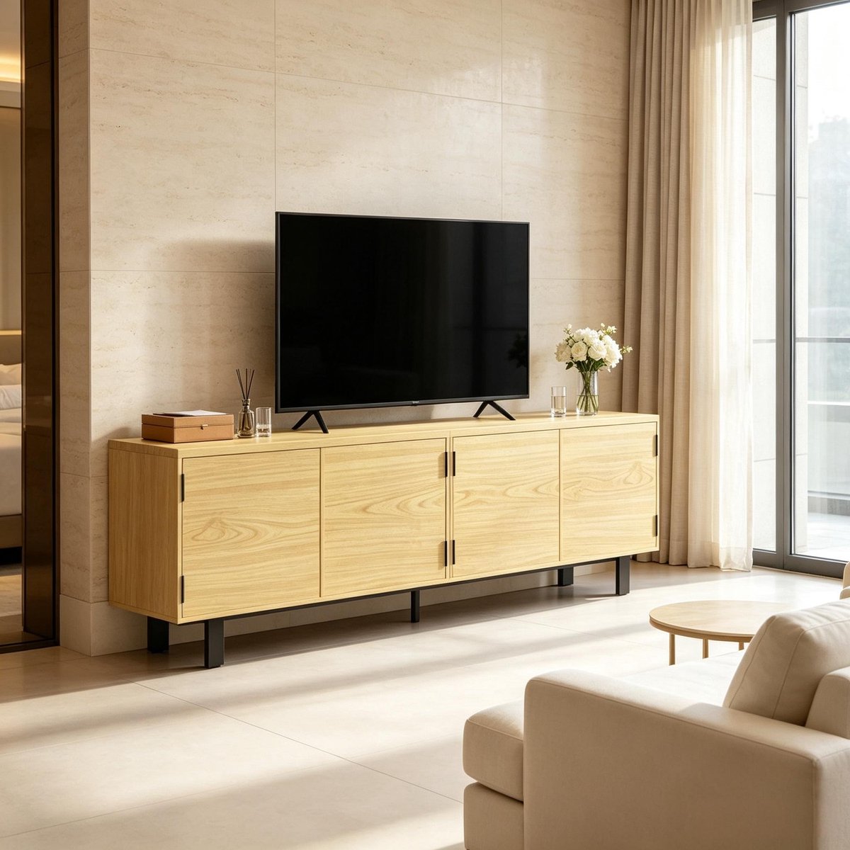 TV-Schrank 180 cm - Naturhout-Effect - Modern Design - Draagt Toch 82 Zoll Fernseher - Zwart-Metall Füße - 2 Pakketten
