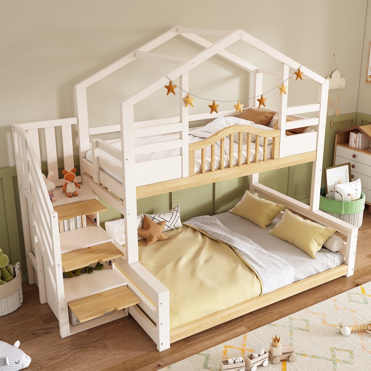Stapelbed 90x200 + 140x200 cm - Huisbed Met Trap, Opbergruimte, Veiligheidshek, Wit/Hout