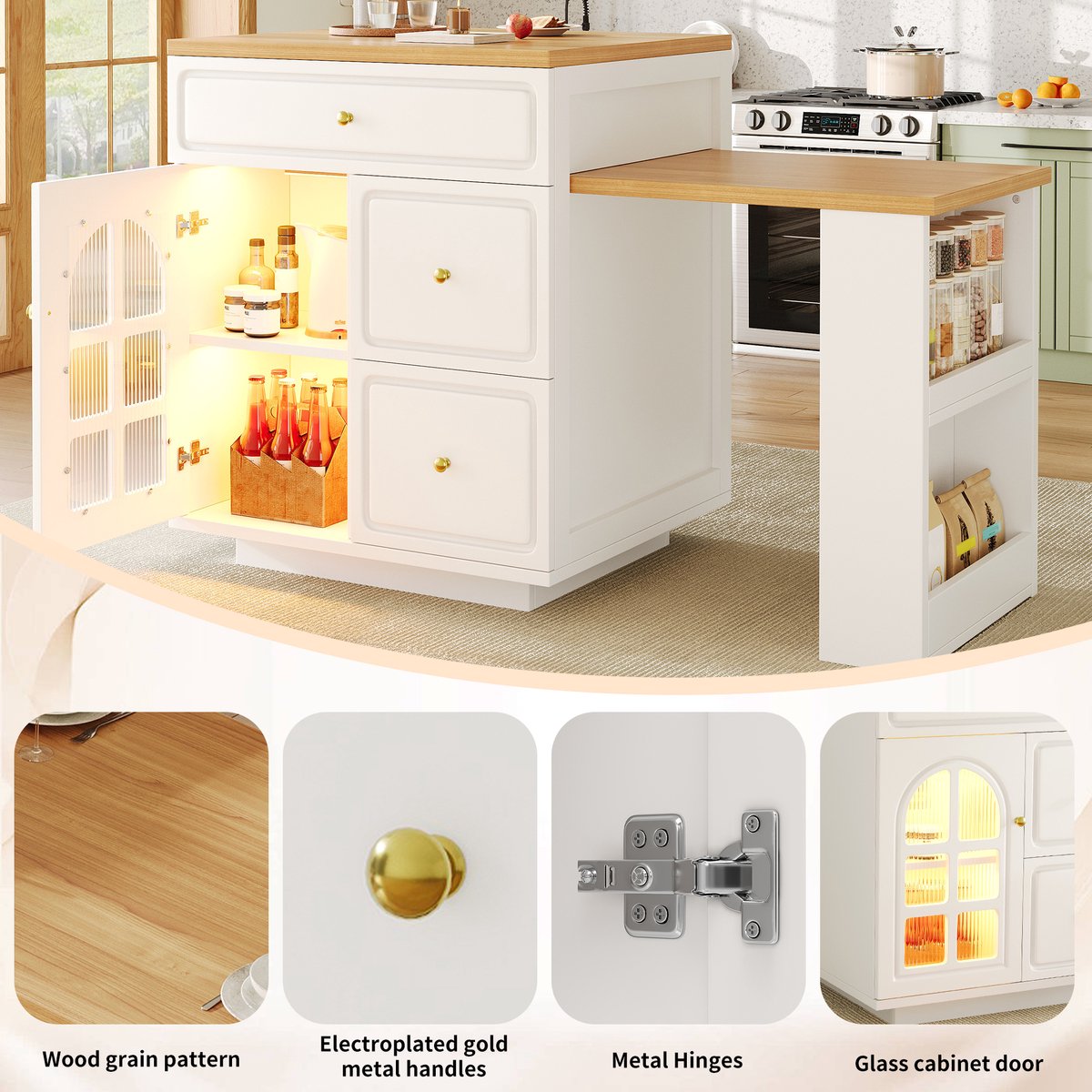 Kookeiland met Uitwisbare LED Verlichting - White - 122,5-195,5 cm Lengte
