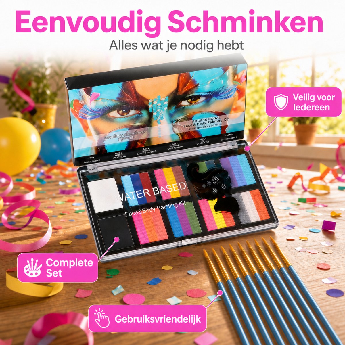 Professionele Kinderschmink Set - 26 Kleuren - Waterbasis - Incl. 10 Penselen & Sjablonen - Hét Ideale Koningsdag & Festival Cadeau - Veilig voor Kind & Volwassenen — afbeelding 6