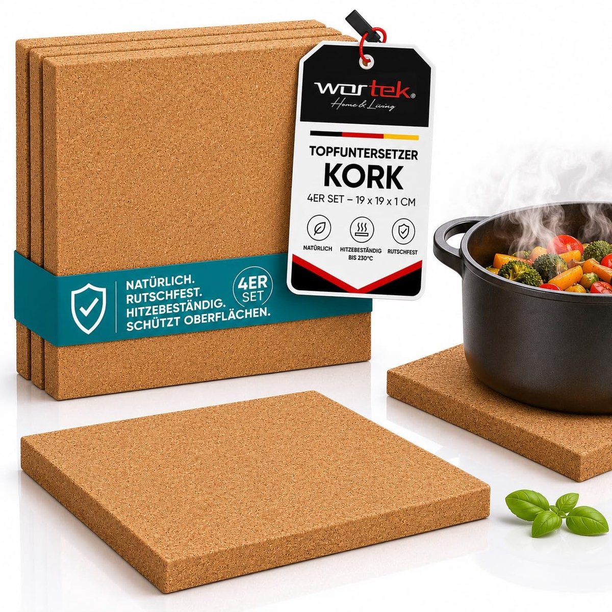 Potonderzetters set van 4 - rechthoekig - kurk - hittebestendige raclette accessoires - SnelShoppen