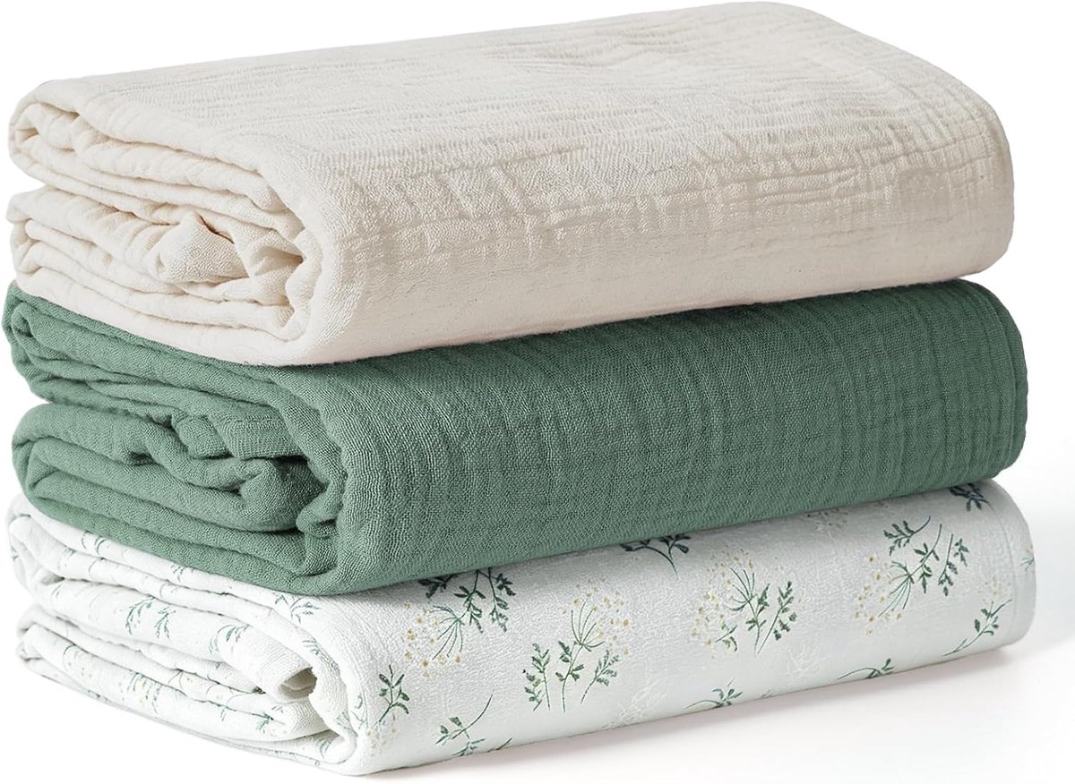 Inbakerdeken voor Baby, Grote Babyluier 100x100cm, Ultra Zacht en Absorberend voor de Huid Mousseline Deken voor Baby Meisje en Jongens, Set van 3 (Groene Bloemen)