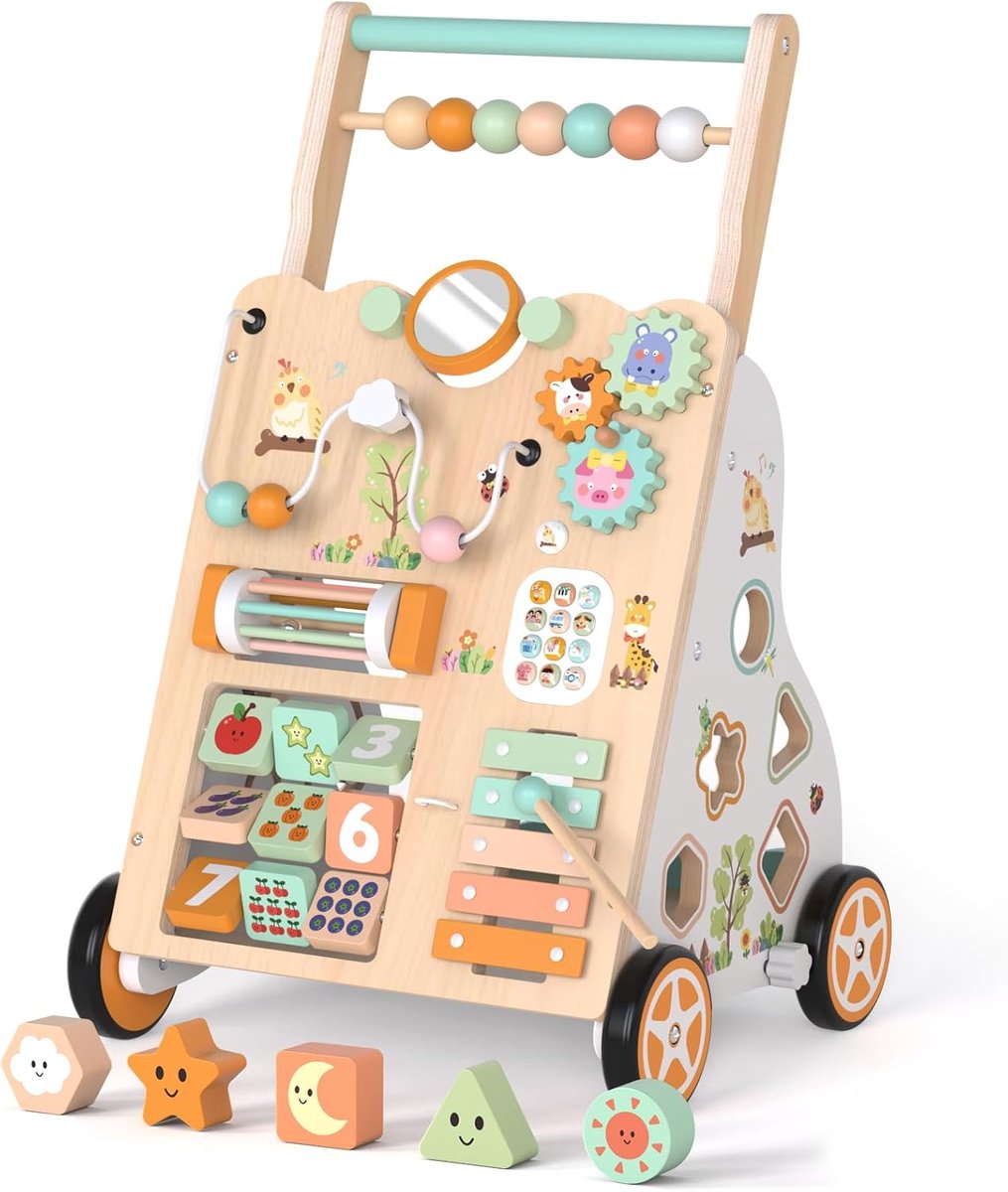 Loopwagen van hout, vanaf 1 jaar, 10 spelletjes | Twee hoogtes (500/547 mm) en instelbare snelheid: groeit met het kind mee en houdt het looptempo veilig onder controle