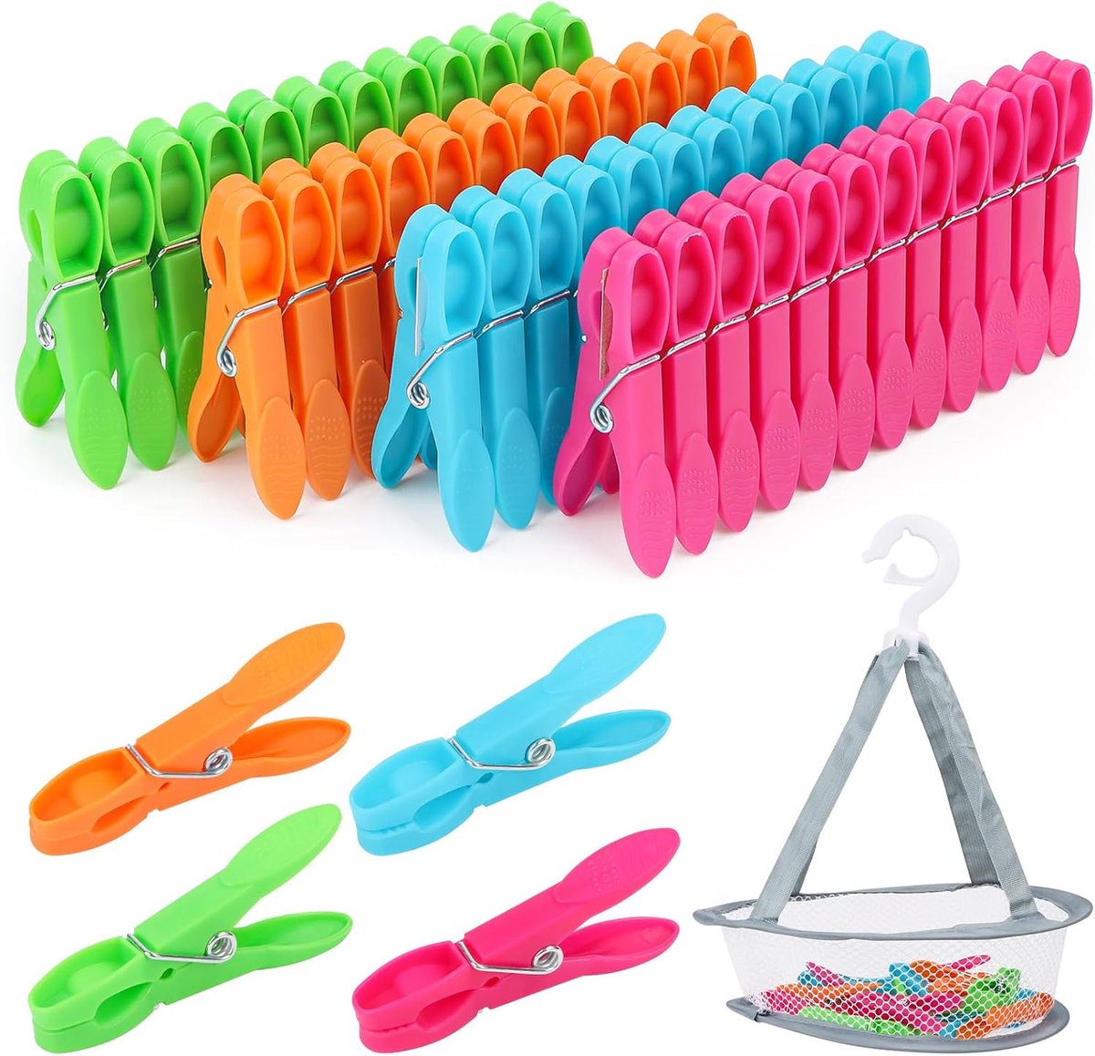 Wasknijpers met mand, 7,3 cm, robuuste kunststof wasknijpers voor binnen en buiten, waslijn, kleding en sokken, kleurrijk, windbestendig