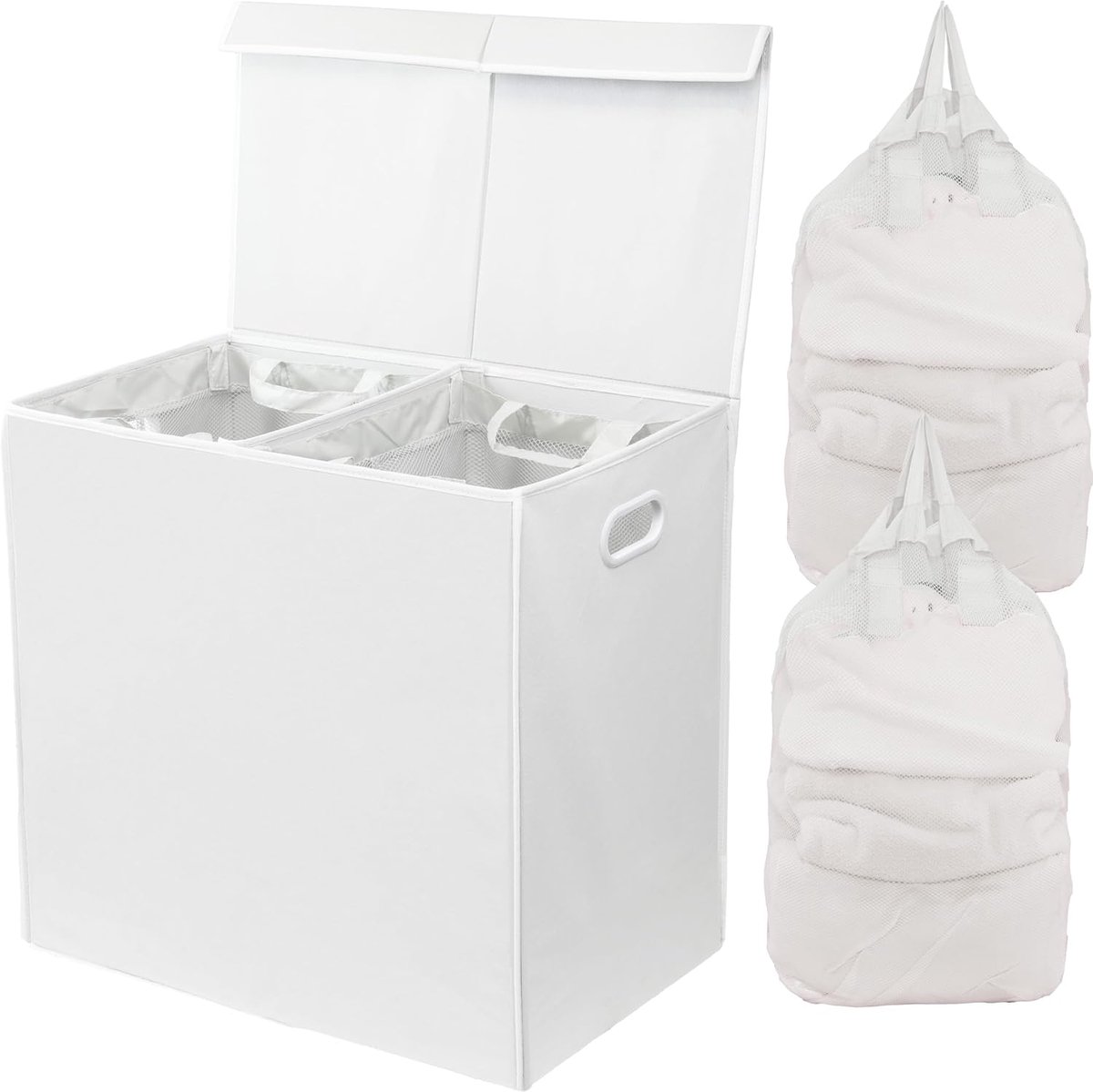 Houseware Dubbele wasmand met deksel en afneembare zakken, wit | Duurzaam 600D polyester, waterafstotend oppervlak