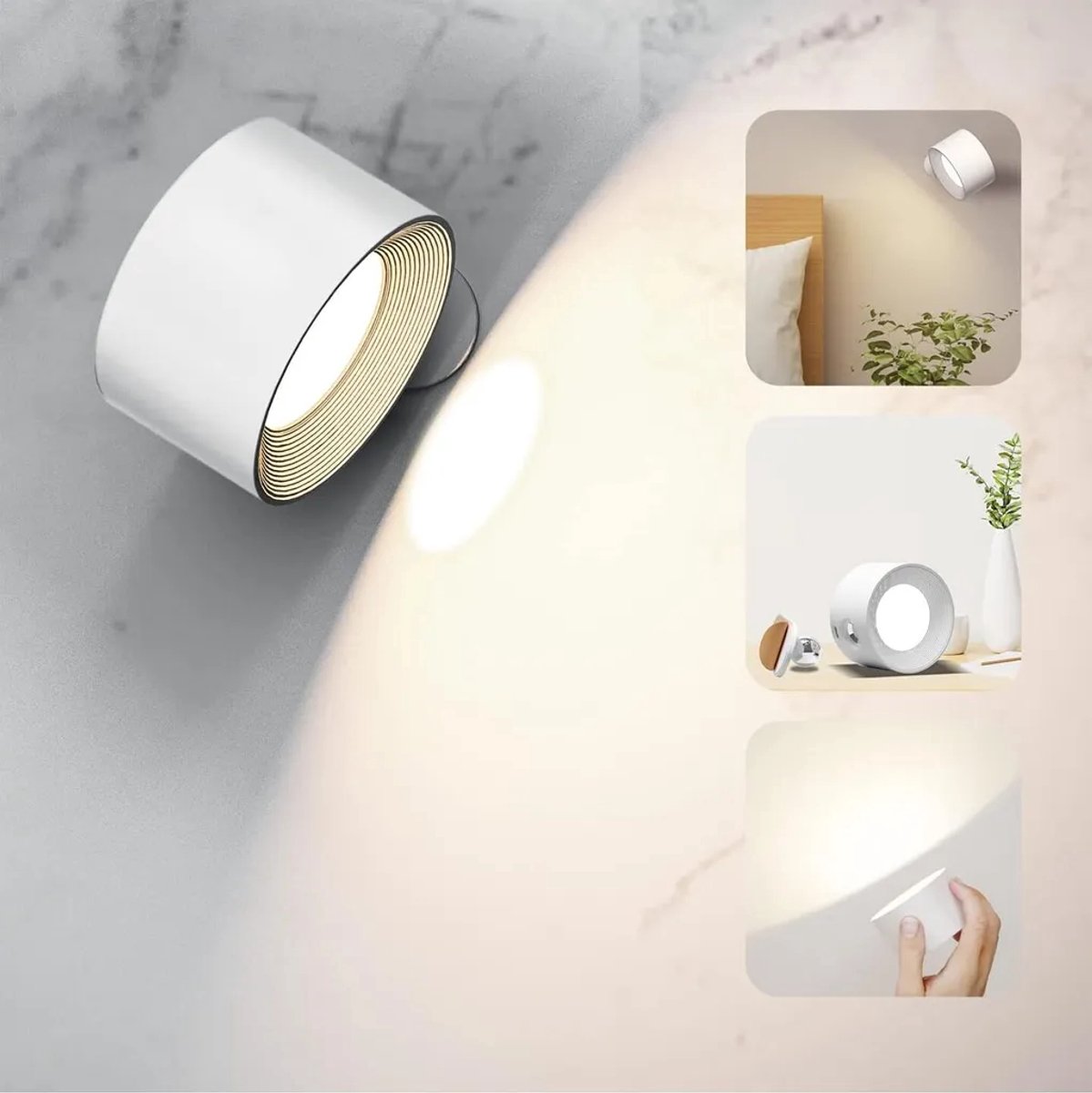 Wandlamp, wandlamp Geschikt voor USB-oplaadpoort, 3 kleurmodi, 3 helderheidsniveaus, LED-wandlamp Geschikt voor binnen, 360° draaibare wandlamp Geschikt voor touchbediening, draadloze wandlamp