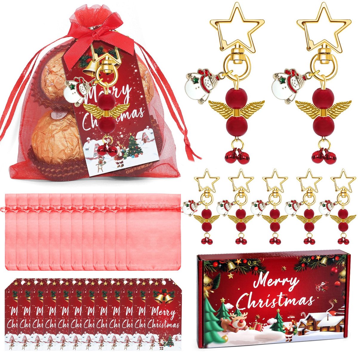 24 Stuks Kerst Sleutelhanger Set – Sneeuwpop & Bel – Inclusief Oranje Zakjes- Kaarten & Doos – Kerst Decoratie & Cadeaus