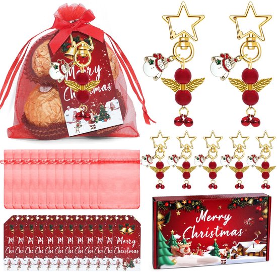 24 Stuks Kerst Sleutelhanger Set – Sneeuwpop & Bel – Inclusief Oranje Zakjes- Kaarten & Doos – Kerst Decoratie & Cadeaus