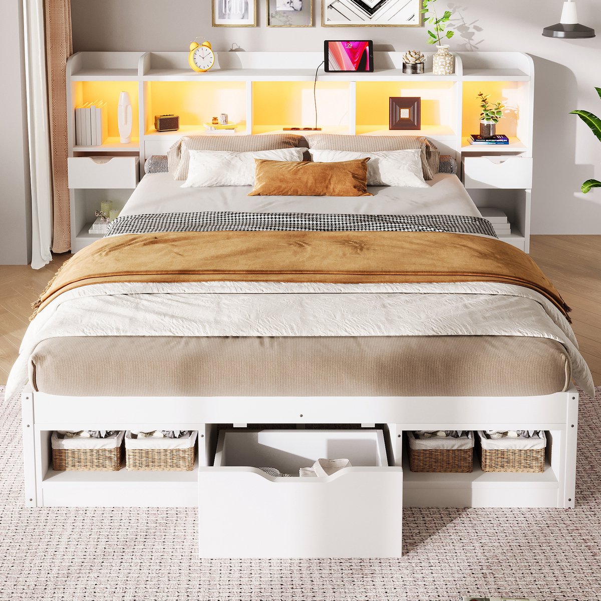 Merax Tweepersoonsbed 140 x 200 cm - met opbergruimte - LED-verlichting en USB-aansluiting - wit