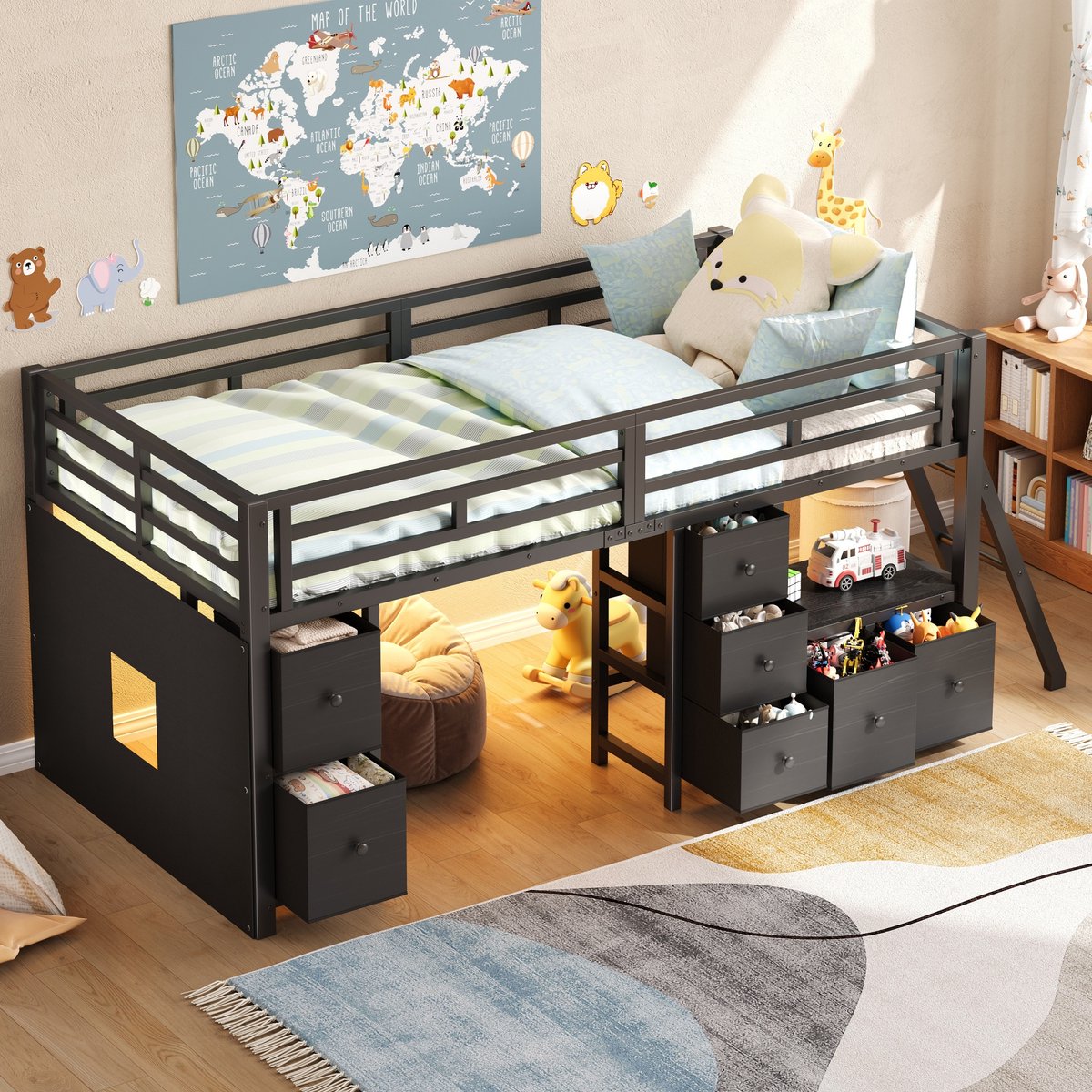 Halfhoogslaper 90 x 200 cm - met 7 lades en LED-verlichting - zwart