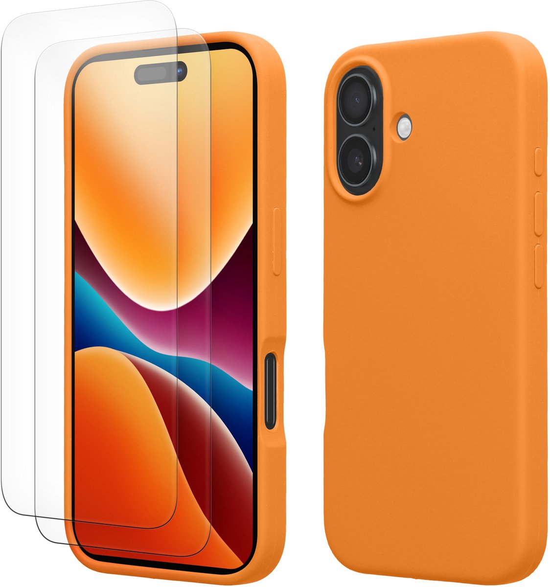 kwmobile hoes met 2x screenprotectors voor Apple iPhone 16 – screenprotector van gehard glas – draadloos opladen – fruitig oranje