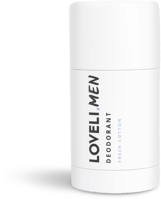 Witte deostick voor heren met 'LOVELI.MEN DEODORANT FRESH COTTON' opdruk.