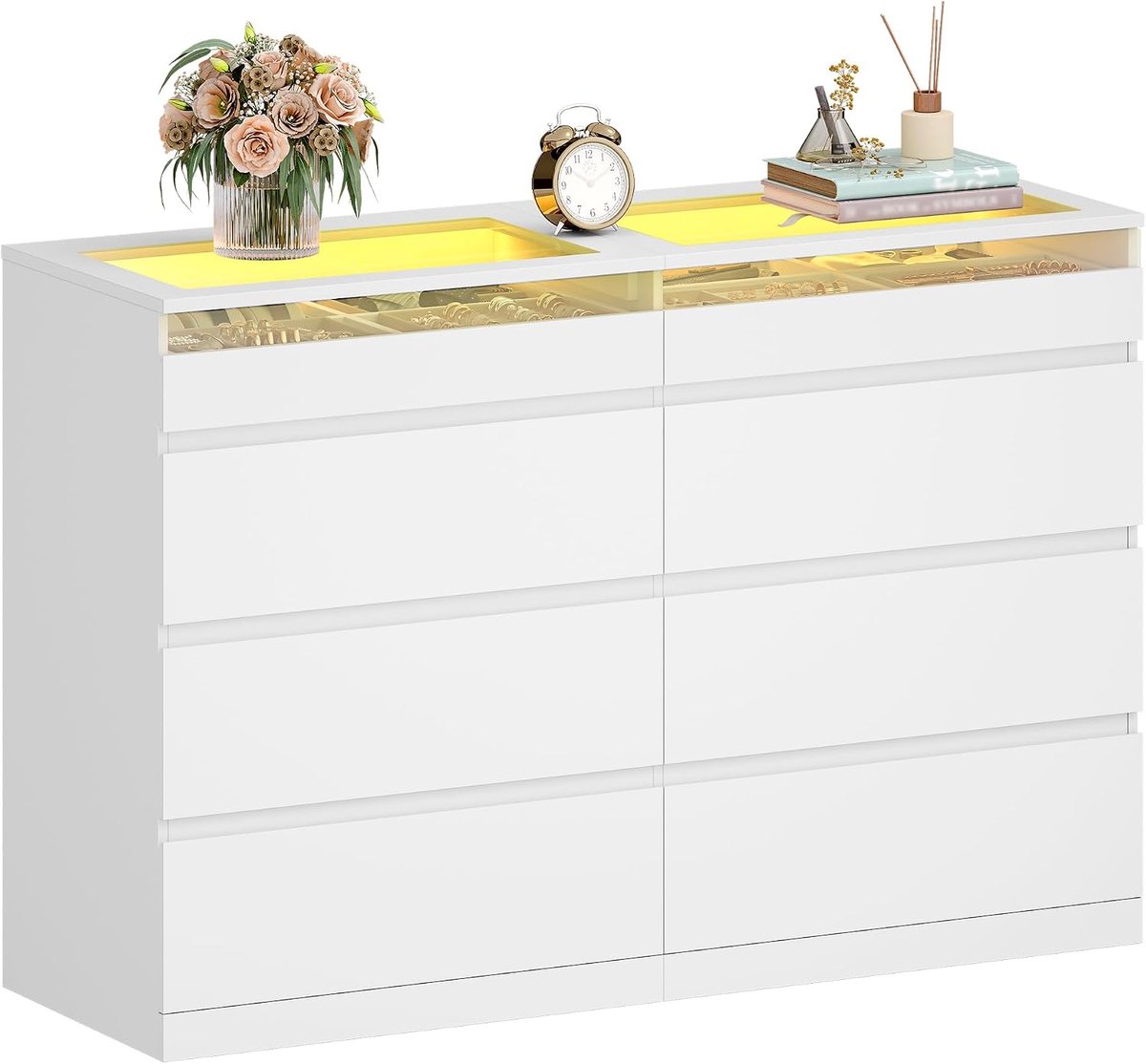 Hzuaneri ladekast met ledverlichting, 8 laden, 40 x 120 x 80 cm, wit, moderne bijzettafel, multifunctioneel opbergmeubel voor slaapkamer, woonkamer en hal.
