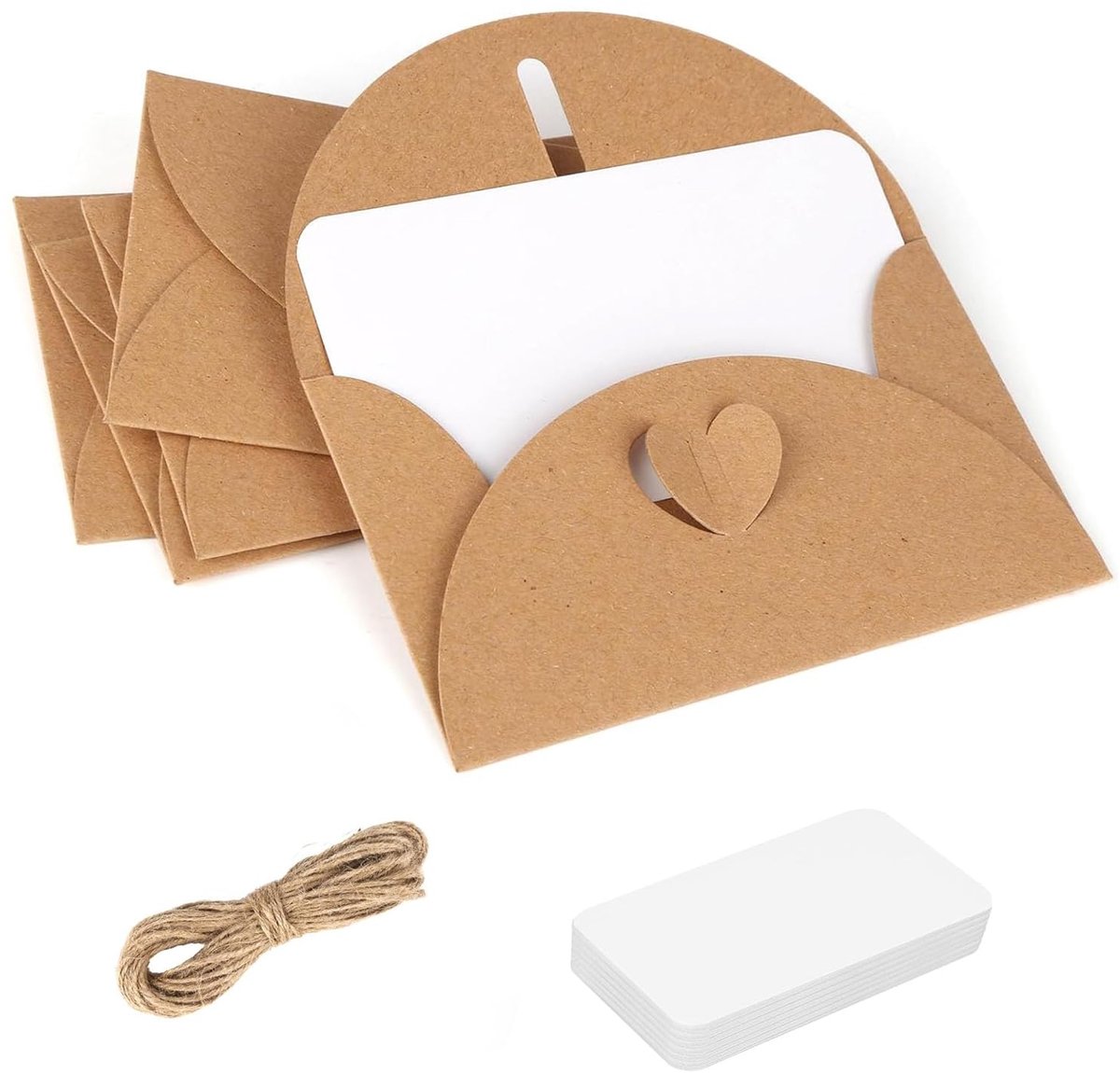 Set van 50 mini-enveloppen, vintage kraftpapier enveloppen met 100 blanco kaarten en henneptouw, mini-enveloppen met hartsluiting voor cadeaukaarten, doe-het-zelf graffiti