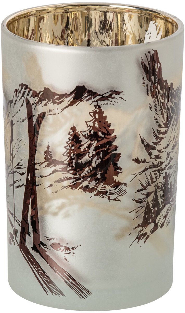 J-Line Windlicht met skiscène - glas - wit/bruin - large - set van 2