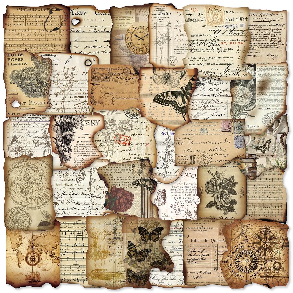 journaling-stickerset, 100 stuks, scrapbooking-accessoires met antieke patronen, gedistressed randen voor planners, dagboeken (verbrande collage)