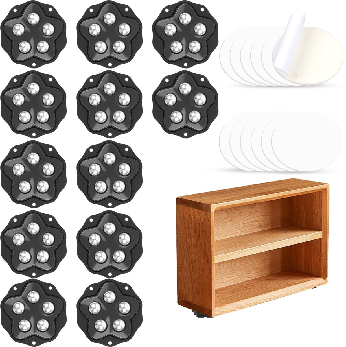 12 stuks zware kogelrollen, zelfklevende kleine meubelwielen, plat, kogelwielen voor meubels, meubelwielen 360 graden, mini wielen met 12 stalen kogels en 12 remmen (zwart)