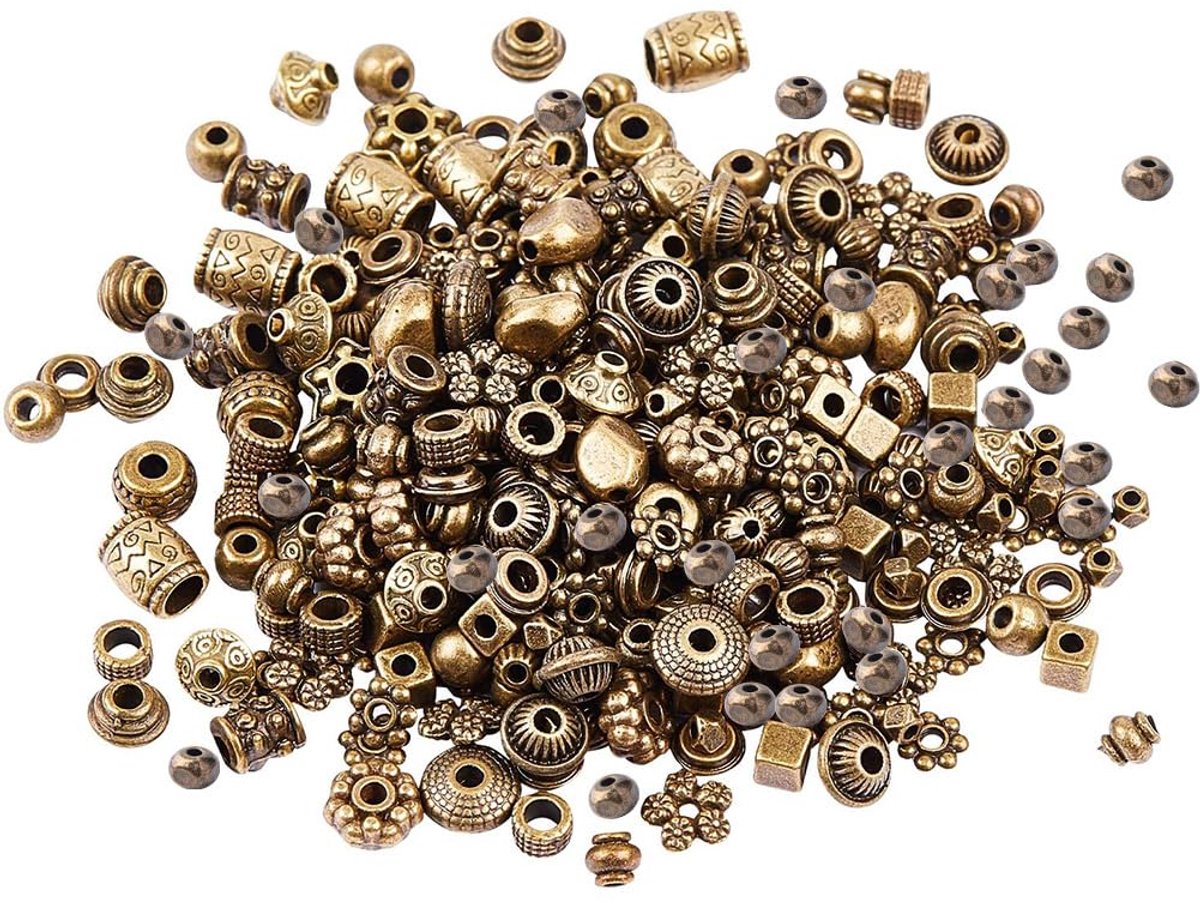 nbeads Ca. 100 g afstandsparels van legering in Tibetaanse stijl, 20 stijlen, willekeurig, uniseks, metaal, bloem, kegel, ronde kolom, afstandhouder, kralen voor knutselen, sieraden, handwerk