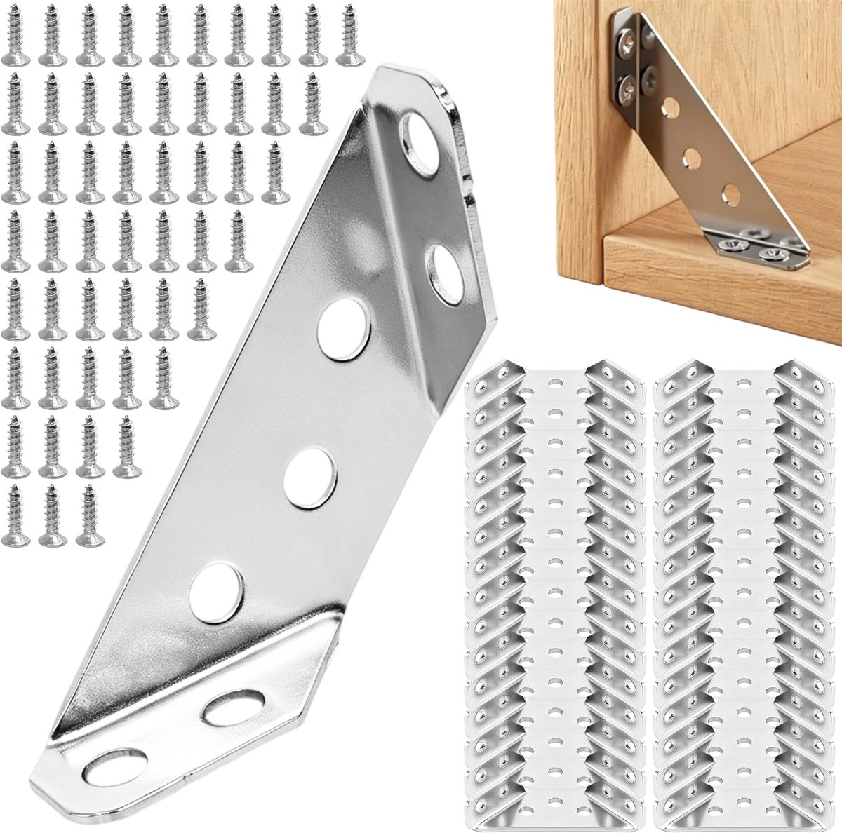 Hoekverbinders, roestvrij staal, hoekverbinders, 90 graden hoekverbinders, metalen meubelhouder met schroeven, hoekklemmen, bevestigingshoek, voor versterking, reparatie, plank, kast, houten