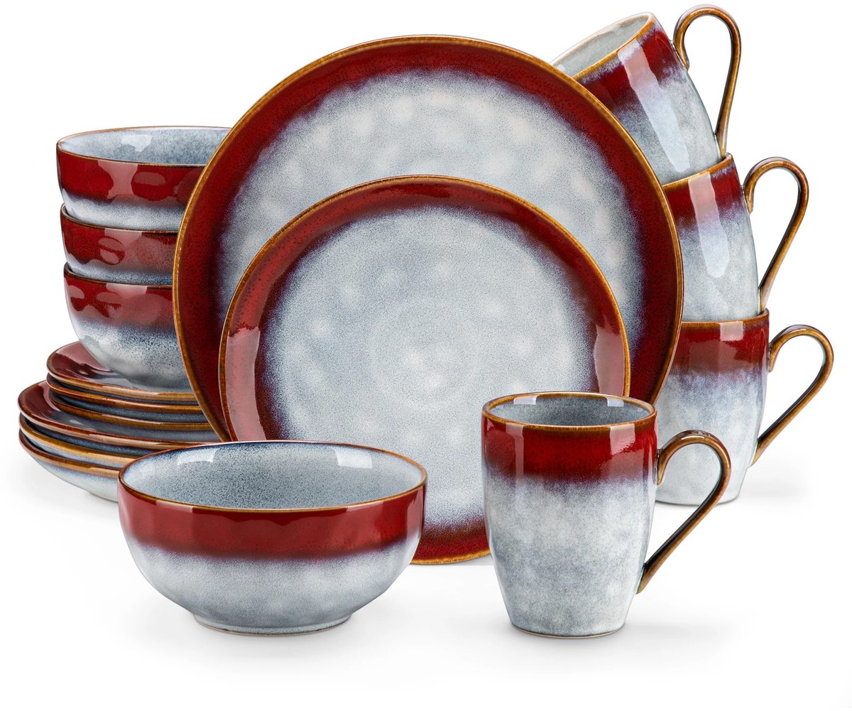 Home & Beyond® 16-delige Serviesset Rood/Grijs – Stoneware Servies voor 4 Personen – Dinerborden, Dessertborden, Ontbijtkommen & Mokken – Vaatwasser- en Magnetronbestendig