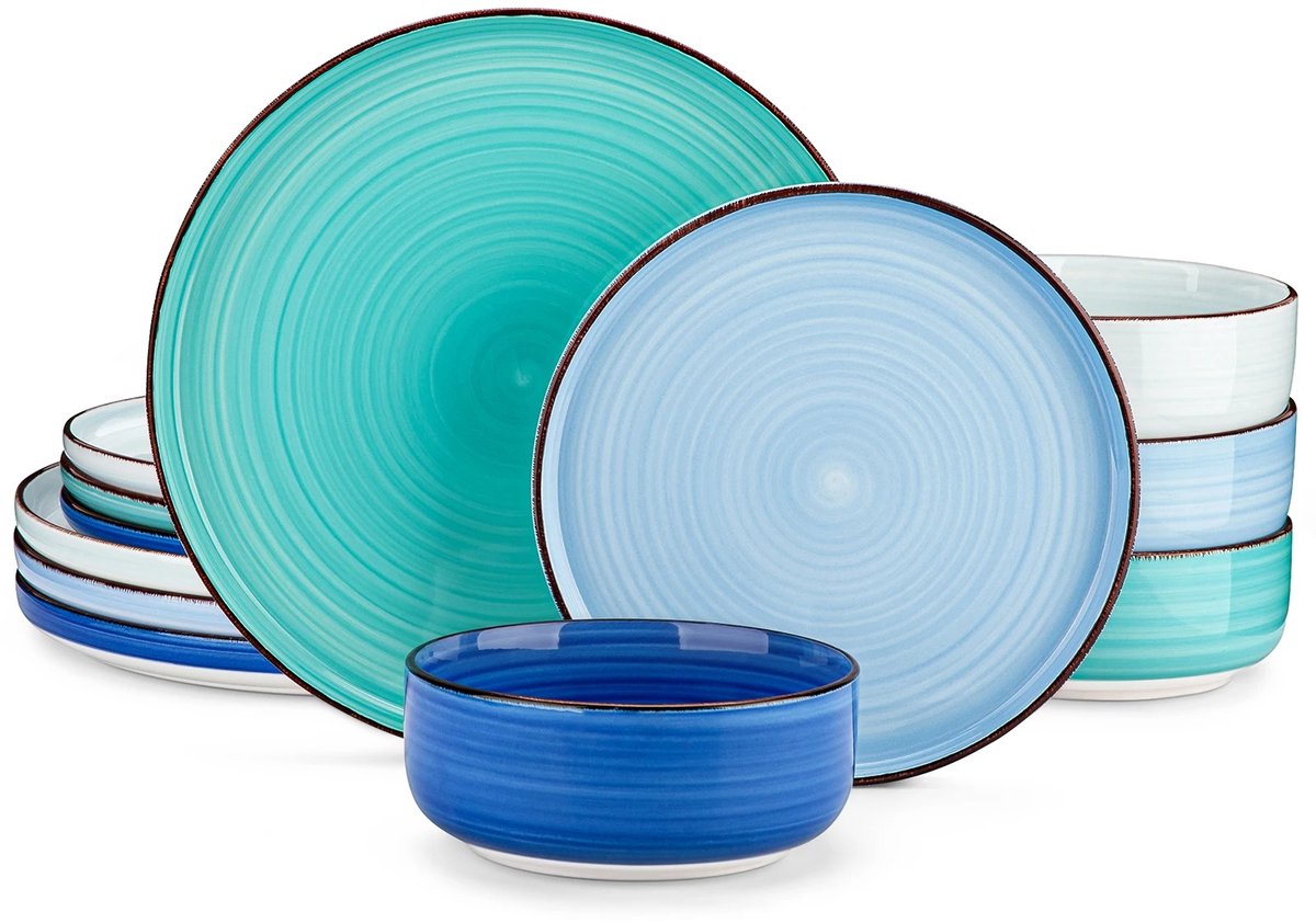 Home & Beyond® 16-delige Serviesset Blauw/Groen – Stoneware Servies voor 4 Personen – Dinerborden, Dessertborden, Kommen & Pastaborden – Vaatwasser- en Magnetronbestendig