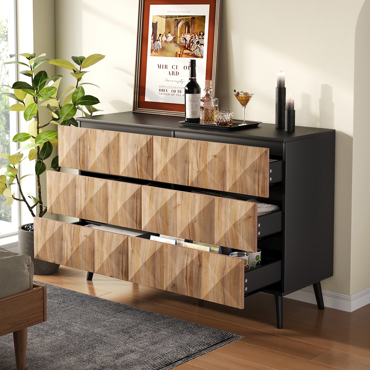 DESMIU Dressoir - Zes Lades Met Verborgen Grepen - Voor Woonkamer Slaapkamer En Hal - MDF En Spaanplaat - 120x40x85 Cm - Zwart Natuurlijk