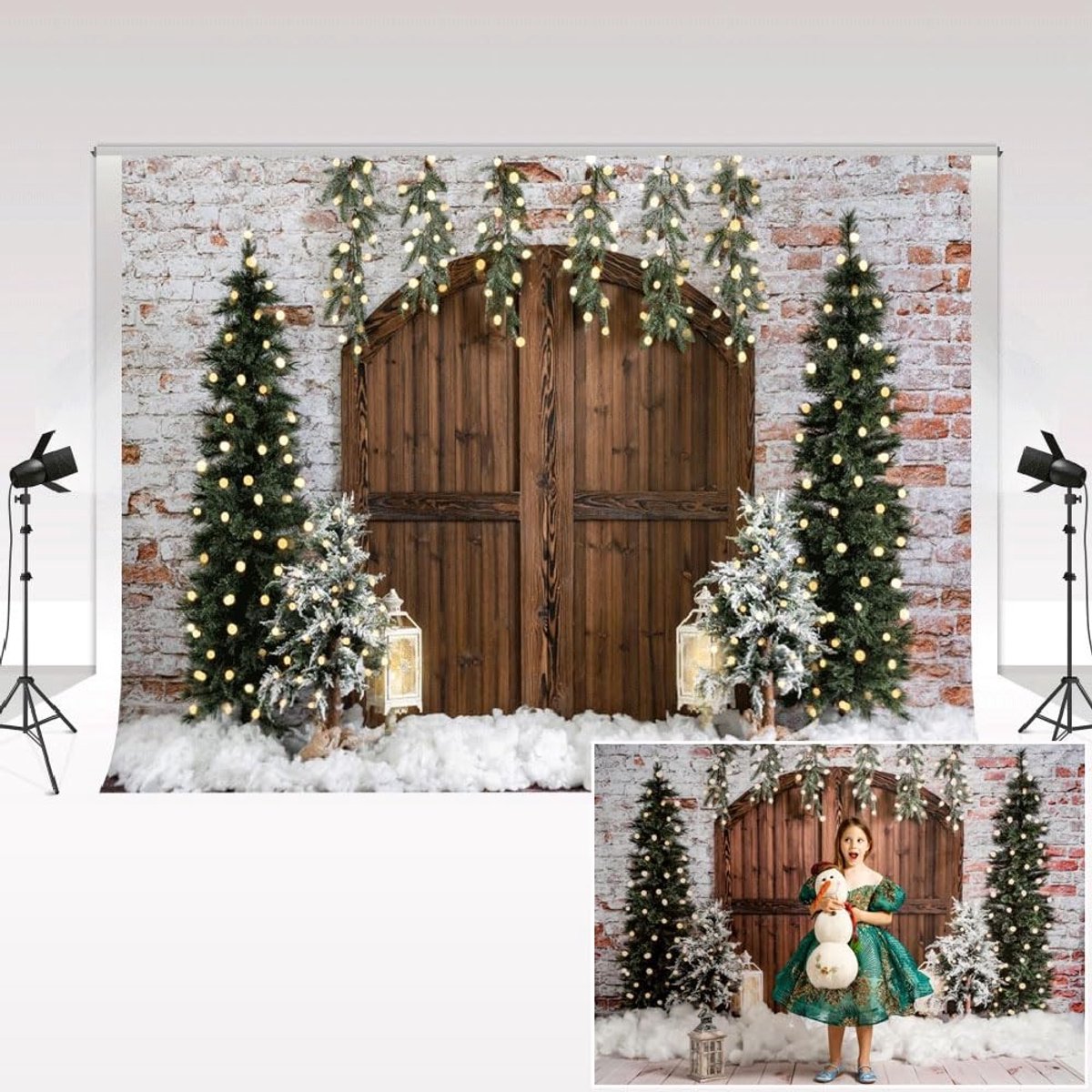 Dailygoods - Fotografie achtergrond - Winter Kerst - Rustieke Houten Deur - 3 x 2 m - Bakstenen Muur - Verjaardag Familie Portret - Geschikt voor Kind...