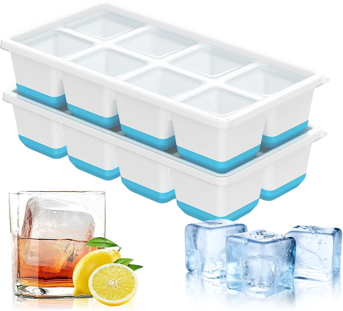 Dailygoods- IJsblokjesvorm Set van 2 - 4,5 cm Vierkante IJsblokjes - BPA-vrije Siliconen - Lekvrije Deksels - Ruimtebesparend Stapelbaar - 40% Langzamer Smeltend
