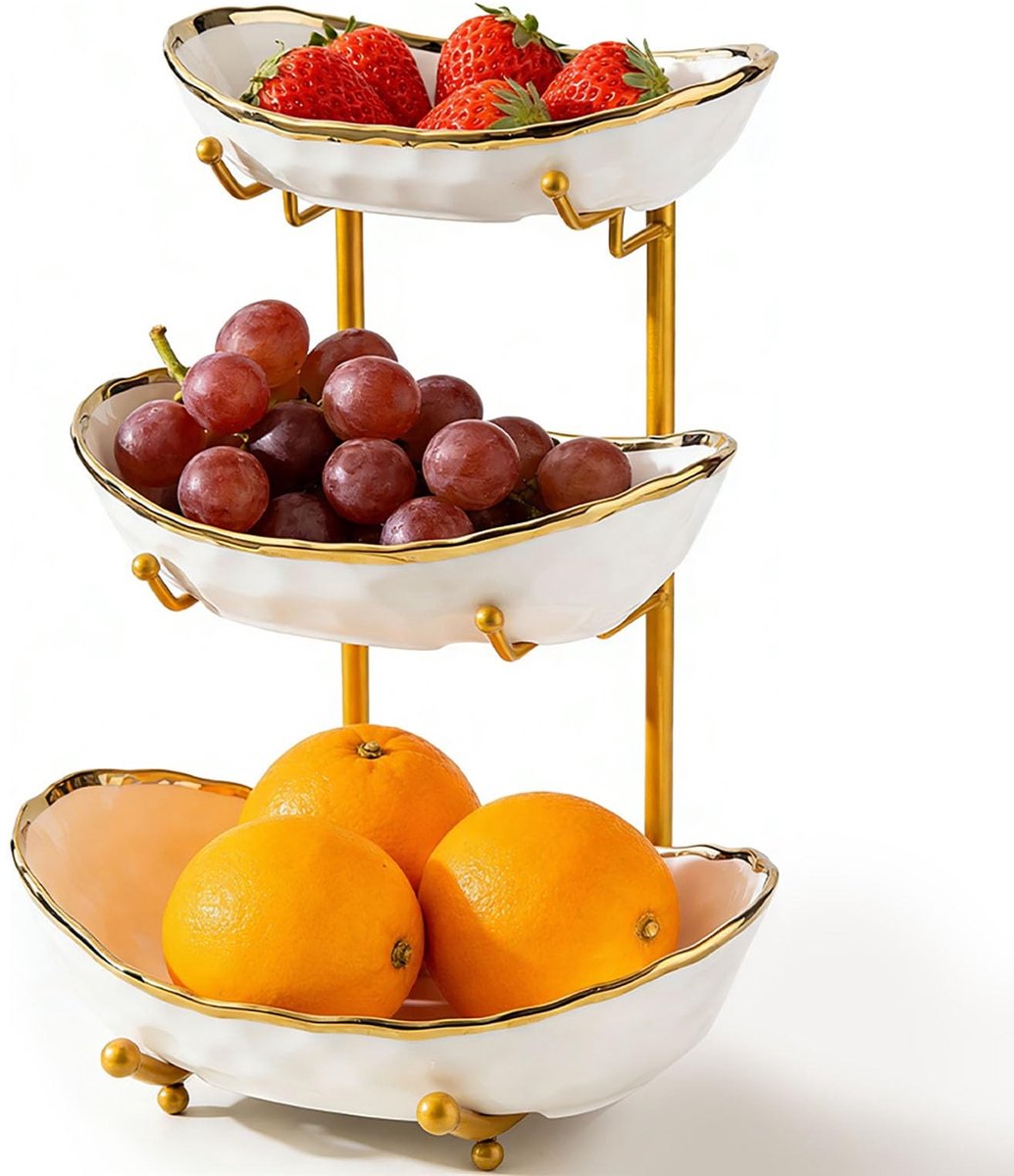 Dailygoods- Fruitetagère 3 Laags - Keramiek/Metaal - Stabiel/Antislip - Moderne Serveeretagère - Voor Fruit/Snacks - Elegante Presentatie - Serveerplateau