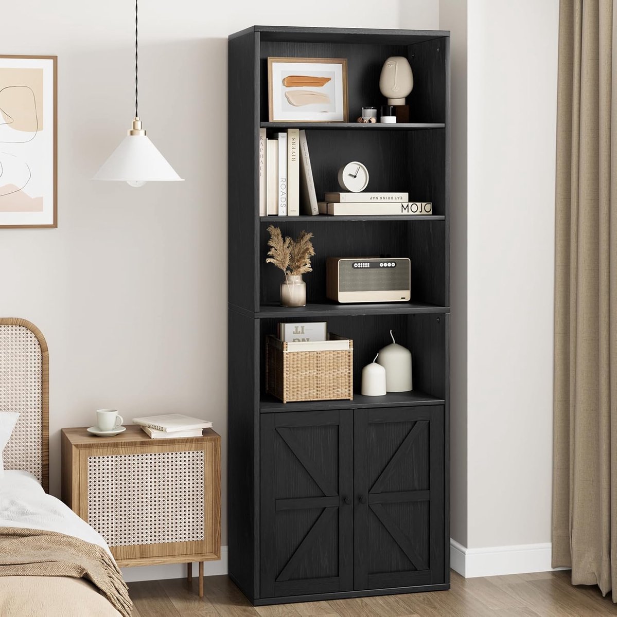 Moderne Boekenkast met 4 Niveaus - Opbergkast met X-Deur - Hout - Zwart- Voor Woonkamer, Slaapkamer & Kantoor
