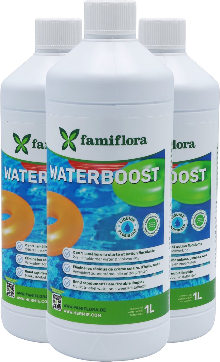 Famiflora Waterboost 3x 1L - tegen troebel water! - Maakt troebel water helder zodat zwemmen weer plezierig wordt - Verwijdert zeep, olie en kleine vuildeeltjes zodat water fris en veilig blijft
