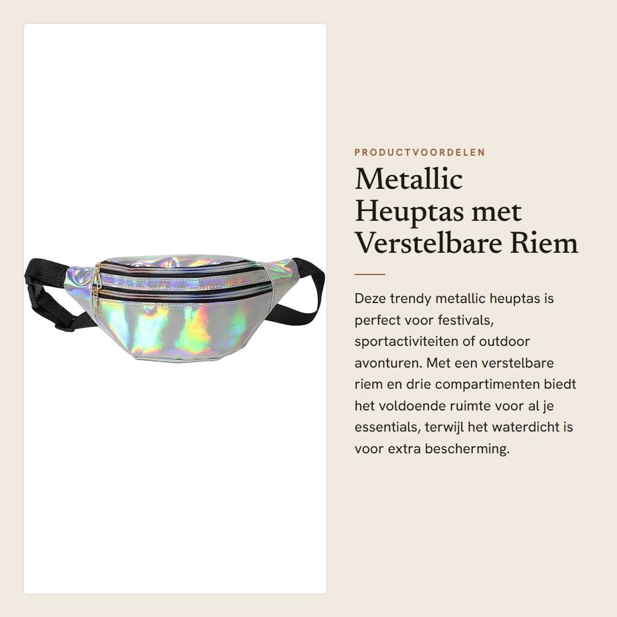 Dailygoods- Heuptas Dames - Verstelbare Riem - Waterdicht - Drie Compartimenten - Glanzend Holografisch - 31 x 13 cm - Heuptasje