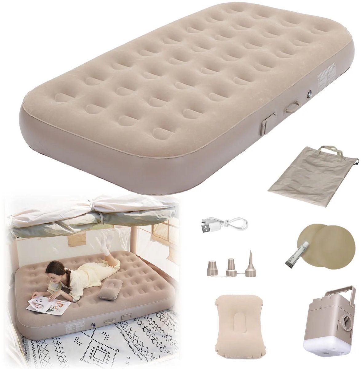 Dailygoods Luchtbed met kussen Automatisch opblaasbaar kussen voor 1-2 personen 1m/1,5m One-touch opblaas- en leegloopfu