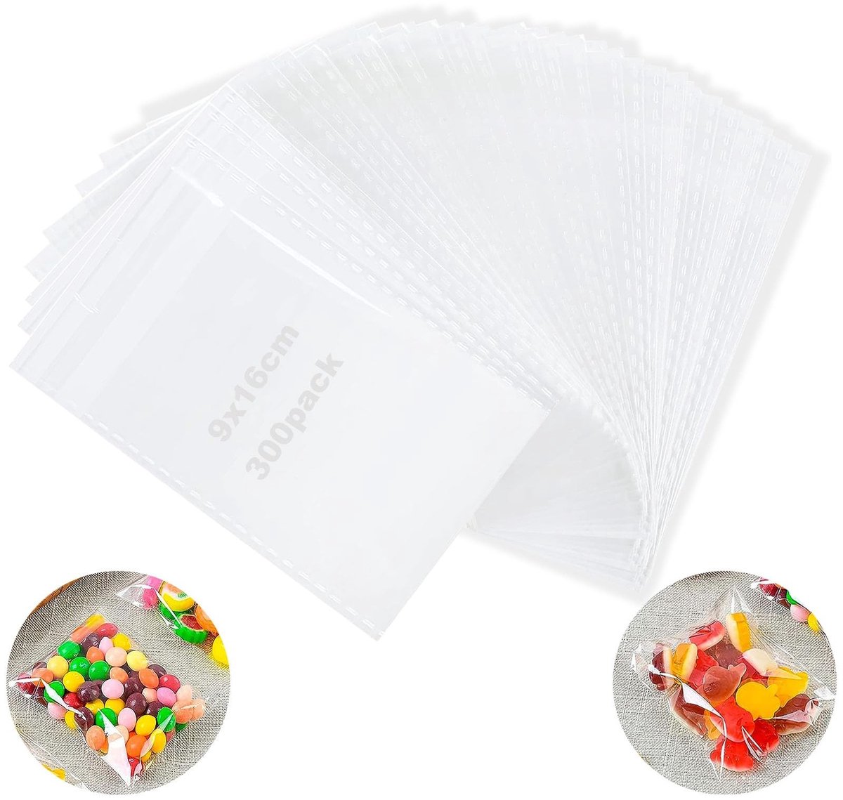 Dailygoods- Cellofaanzakjes 300 stuks - Zelfklevende zakjes - Transparant - 9 x 16 cm - Snoepzakjes - Ideaal voor knutselmaterialen - Opbergzakjes