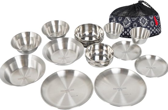 Kampeerset- 12 Stks Voor Camping Servies Set met RVS Kommen en Platen Ideaal voor Outdoor Maaltijden - zilver — afbeelding 4