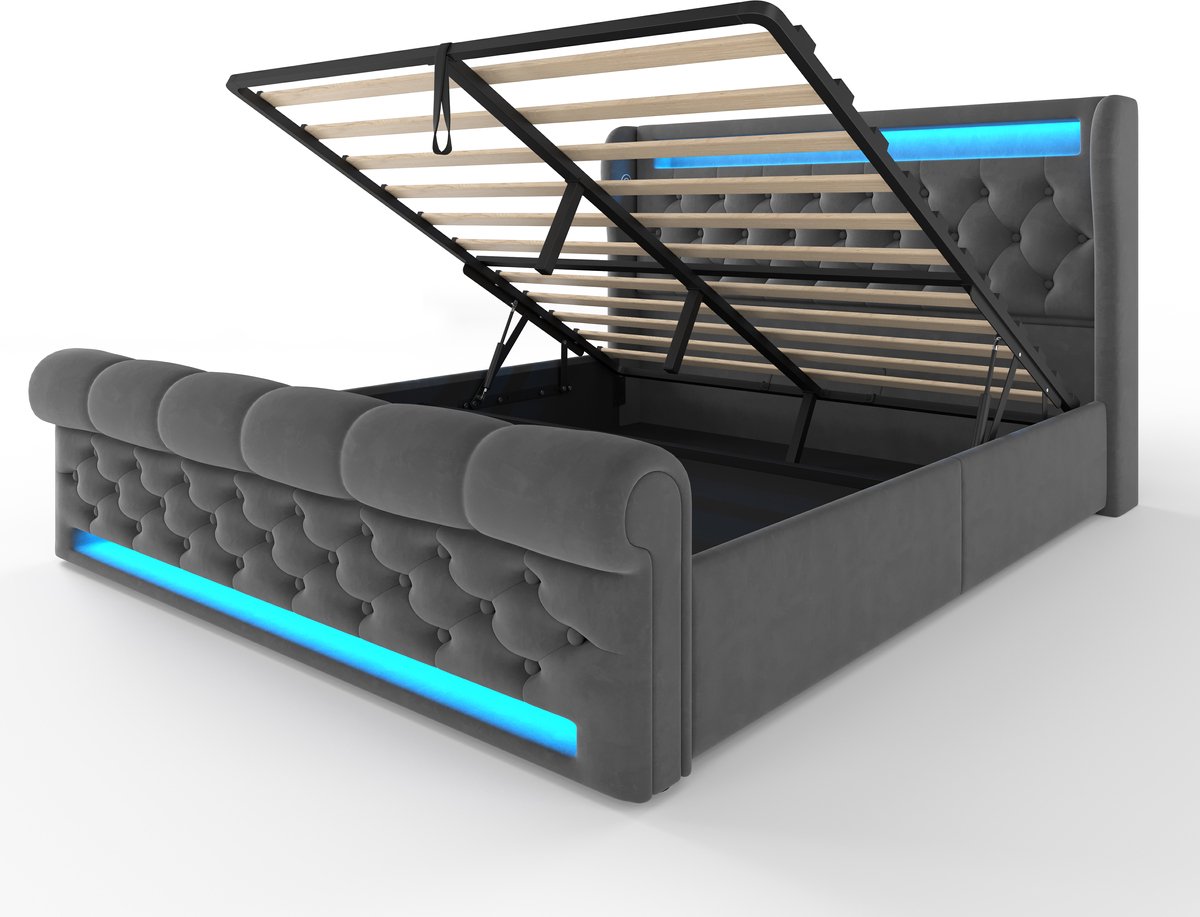 COVREO Bedframe 140x200 cm grijs, velours, opbergruimte, zonder matras
